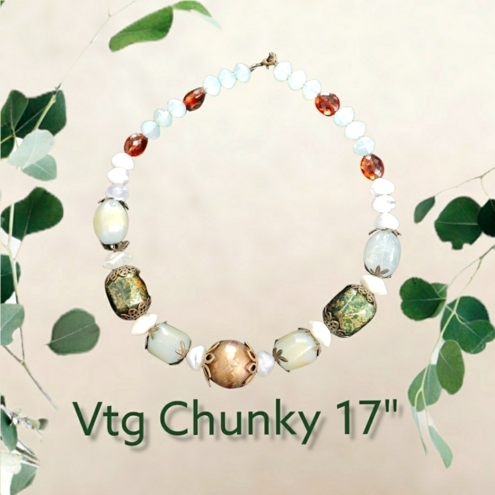 VINTAGE Chunky 17" Bead and Stone Necklace Greens White Copper Colors